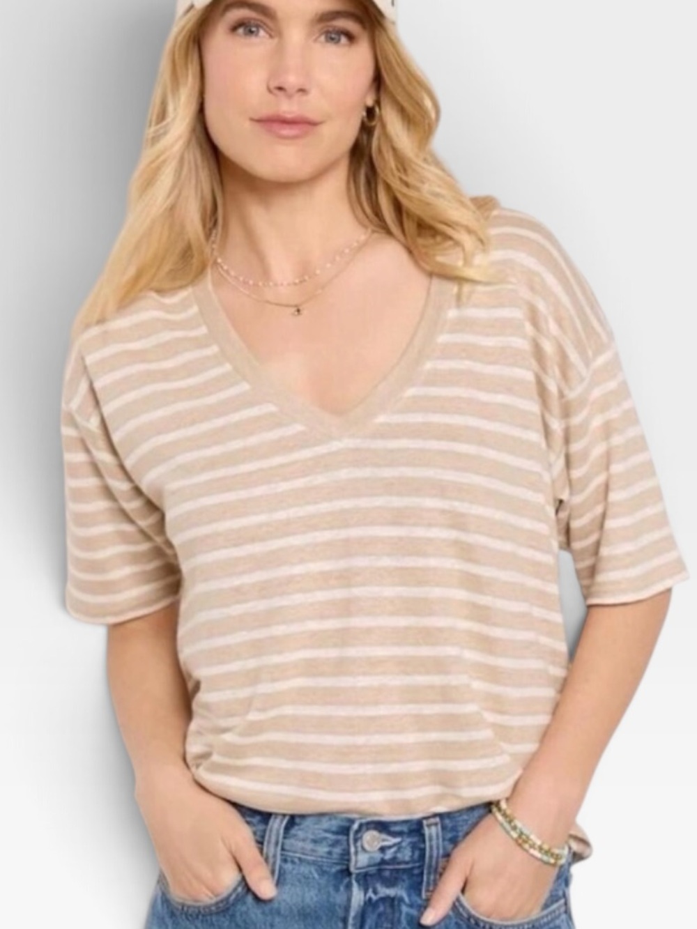 FAHERTY Oceanside Linen V-neck Short Sleeve Tee Tan White Hampton Stripe Sz. S